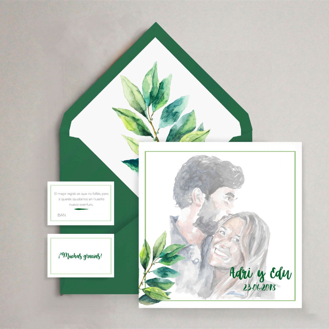 invitación verde personalizada original retrato acuarela
