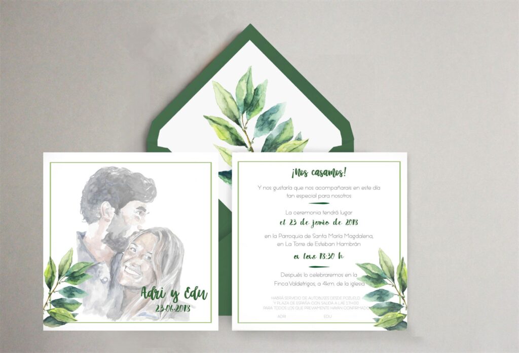 invitación verde personalizada original retrato acuarela