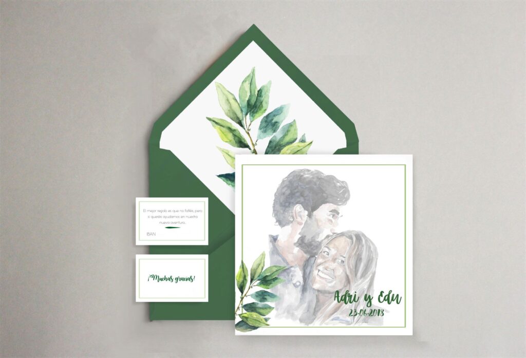 invitación verde personalizada original retrato acuarela