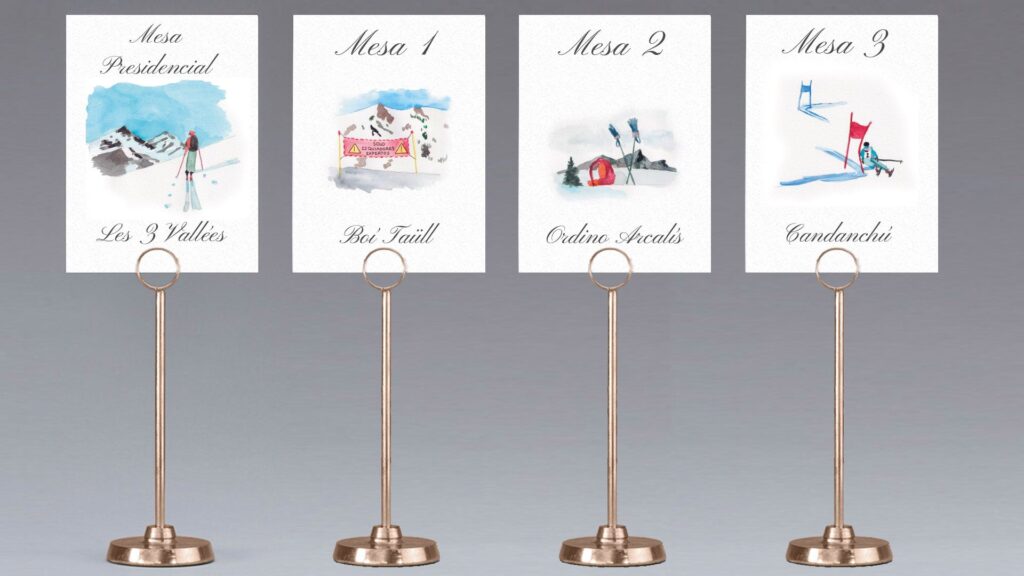 Seating plan de boda personalizado con temática de esquí