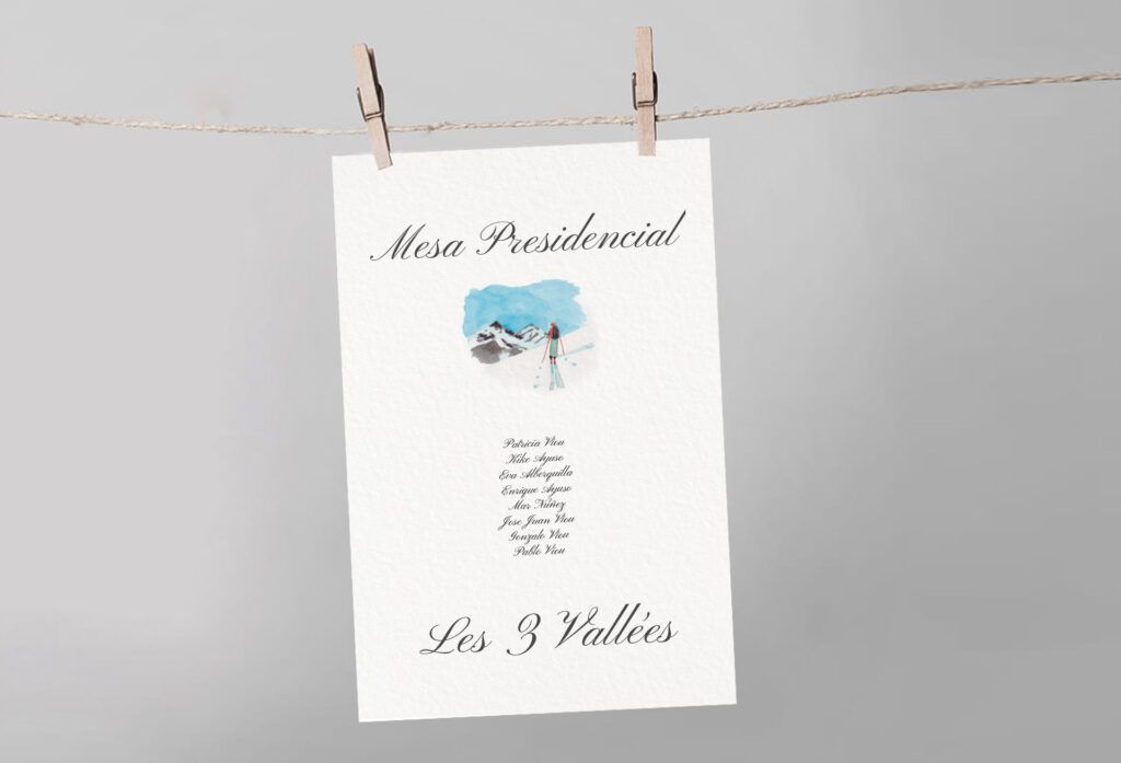 Seating plan de boda con ilustración personalizada de esquí