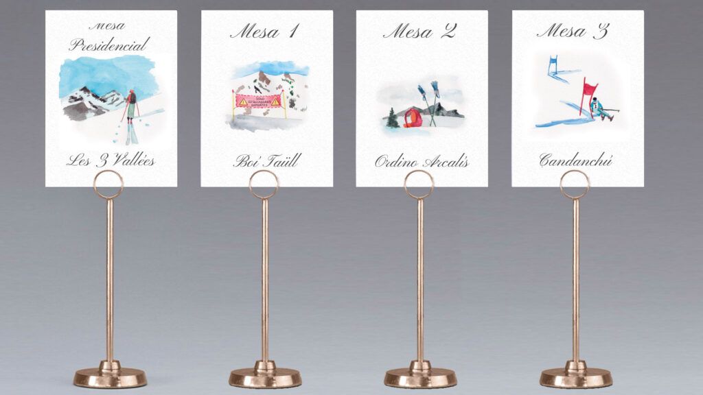 Meseros de boda personalizados con temática de esquí