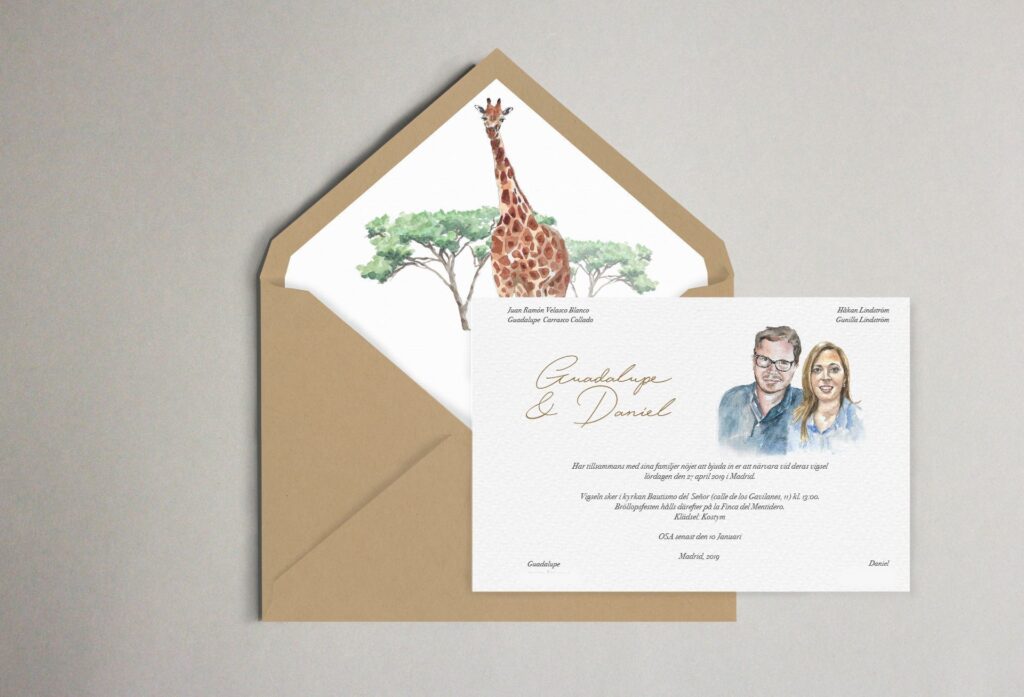invitacion con retrato y sobres forrados boda sudafrica
