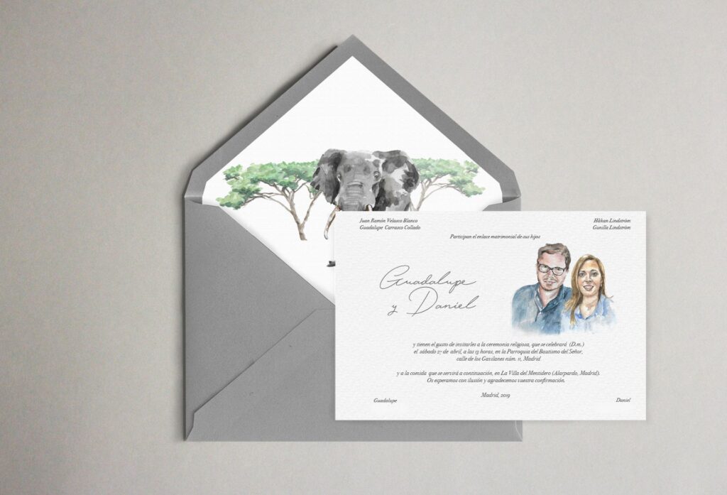 invitacion con retrato y sobres forrados boda sudafrica