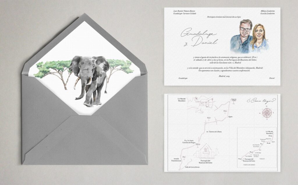 invitacion con retrato y sobres forrados boda sudafrica