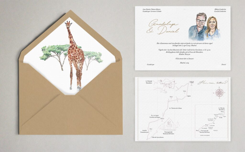 invitacion con retrato y sobres forrados boda sudafrica