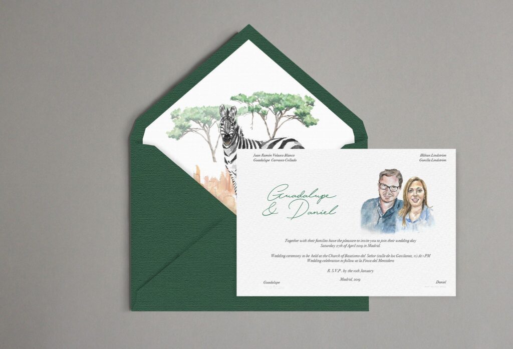 invitacion con retrato y sobres forrados boda sudafrica