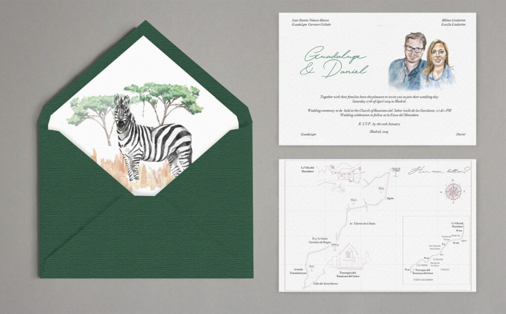 invitacion con retrato y sobres forrados boda sudafrica