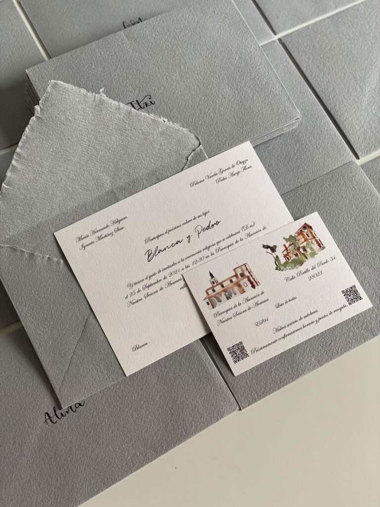 invitación personalizada retrato elegante artesanal de blanca y pedro asenjo