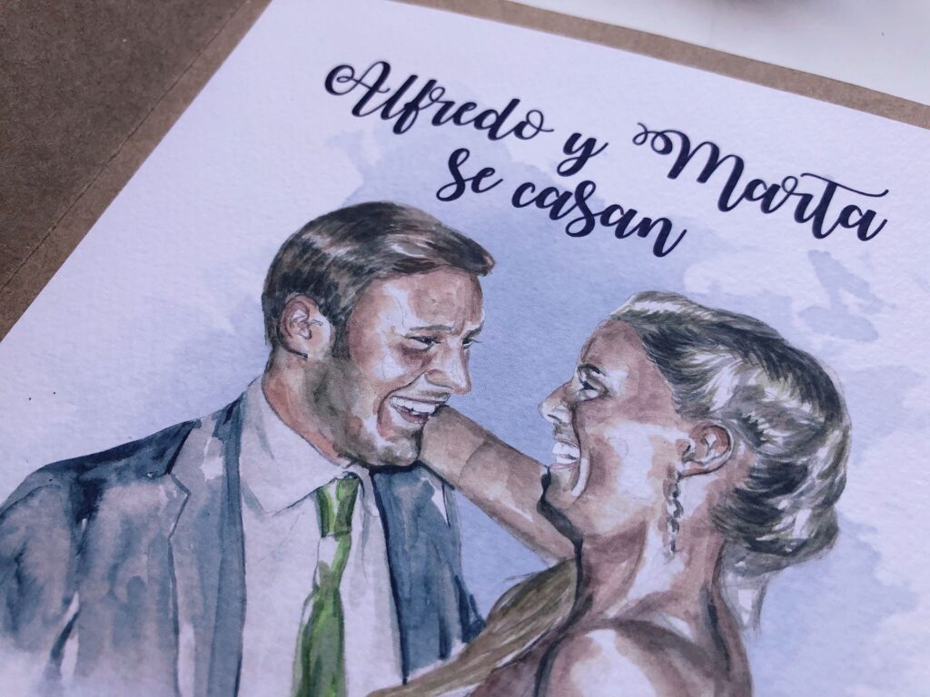 Invitación de boda personalizada con retrato de los novios
