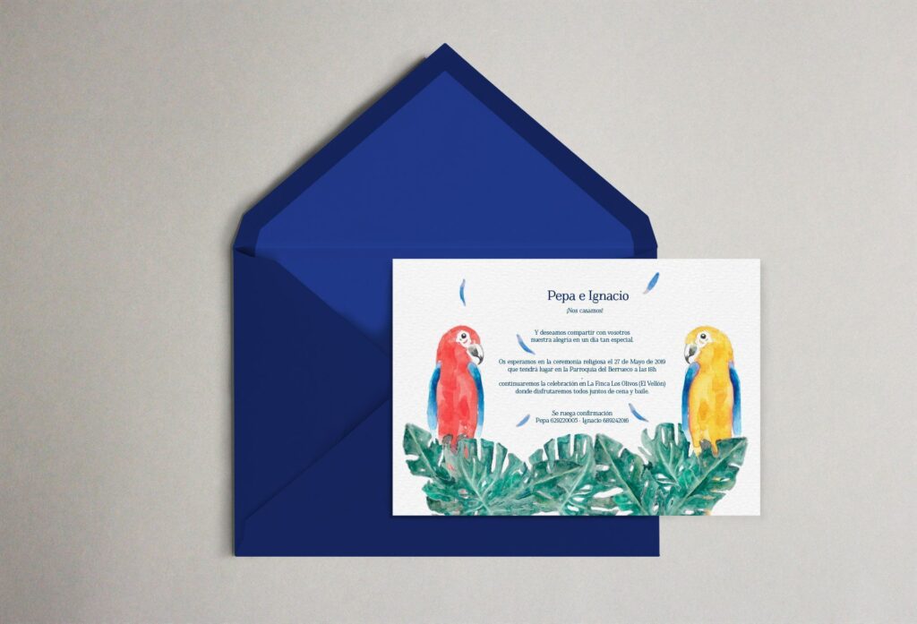 invitacion personalizada acuarela exotica de loros pajaros