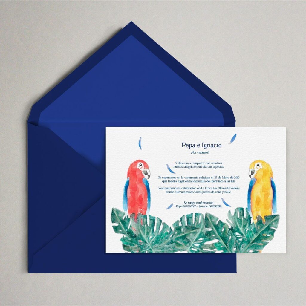 invitacion personalizada acuarela exotica de loros