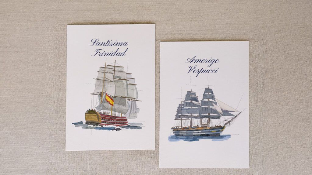 meseros barcos para boda mesa en acuarela