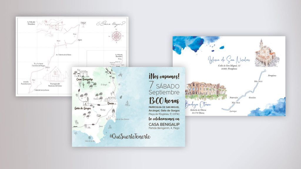 Mapa acuarela dibujos invitación boda