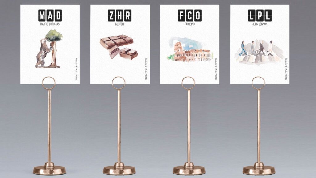 Meseros de boda personalizados con temática aeropuertos y lugares