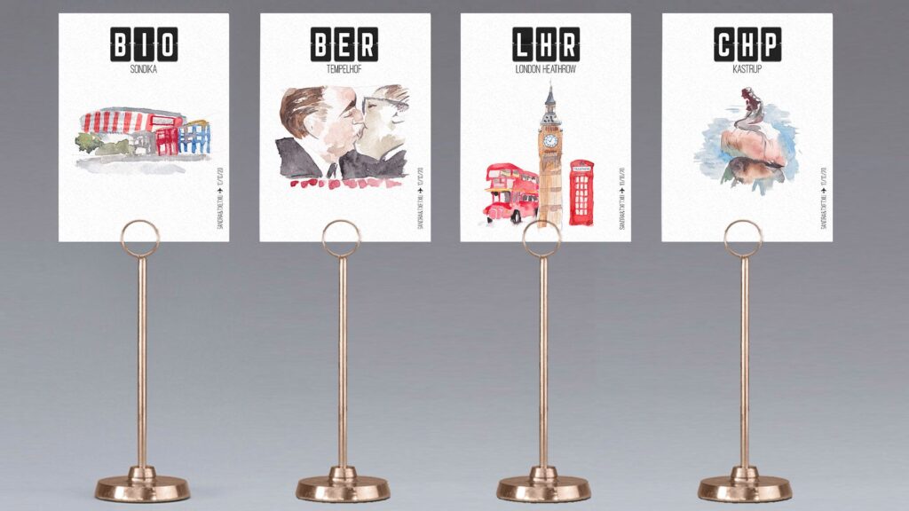 Meseros de boda personalizados con temática aeropuertos y lugares