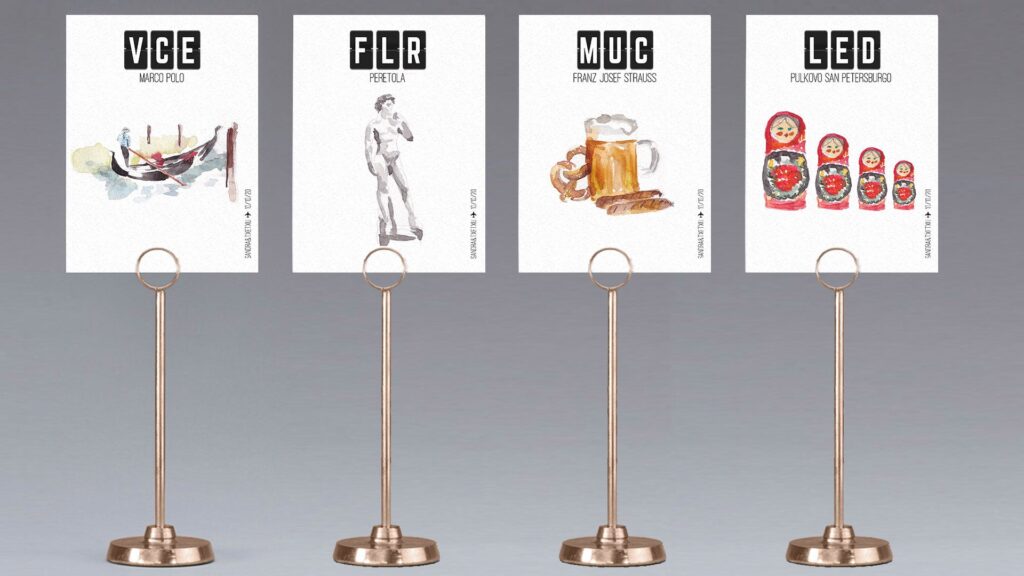Meseros de boda personalizados con temática aeropuertos y lugares