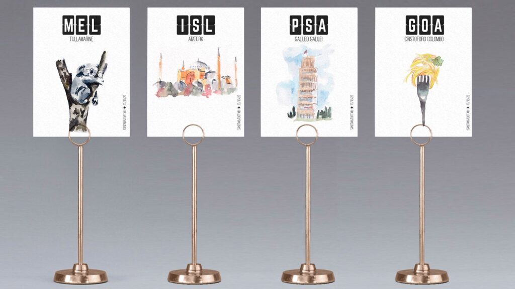 Meseros de boda personalizados con temática aeropuertos y lugares