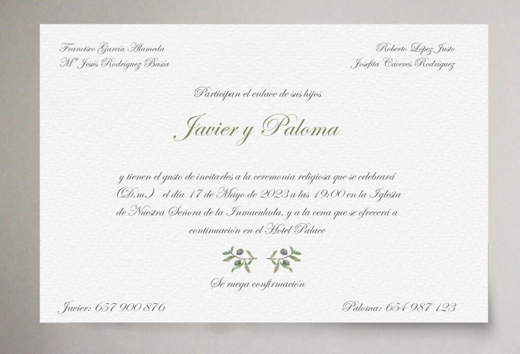 invitacion de boda olivo clasica