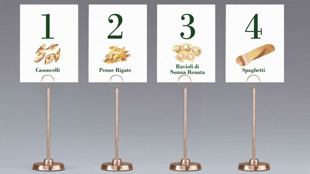 Meseros de boda personalizados con ilustración de pasta italiana