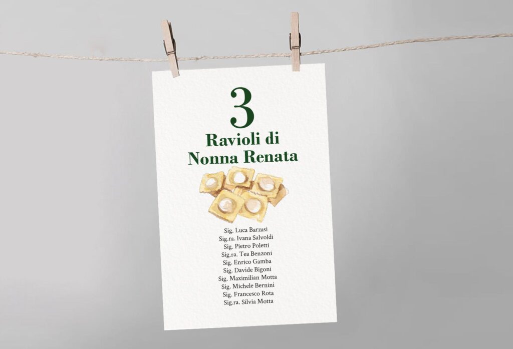 Seating plan de boda personalizado con temática de recetas de pasta italiana