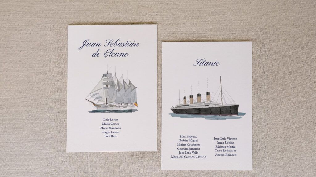 Seating plan de boda de barcos ilustrados a mano, papelería personalizada Dos Terrones