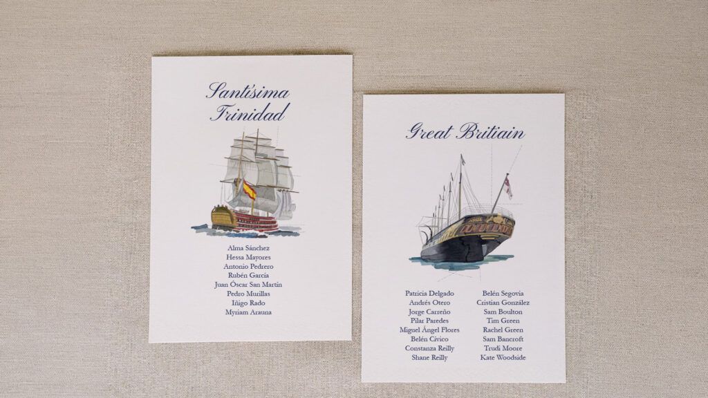Seating plan de boda de barcos ilustrados a mano, papelería personalizada Dos Terrones