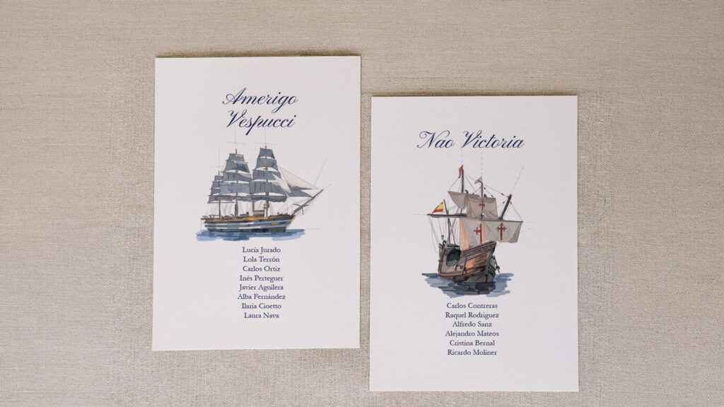 Seating plan de boda de barcos ilustrados a mano, papelería personalizada Dos Terrones