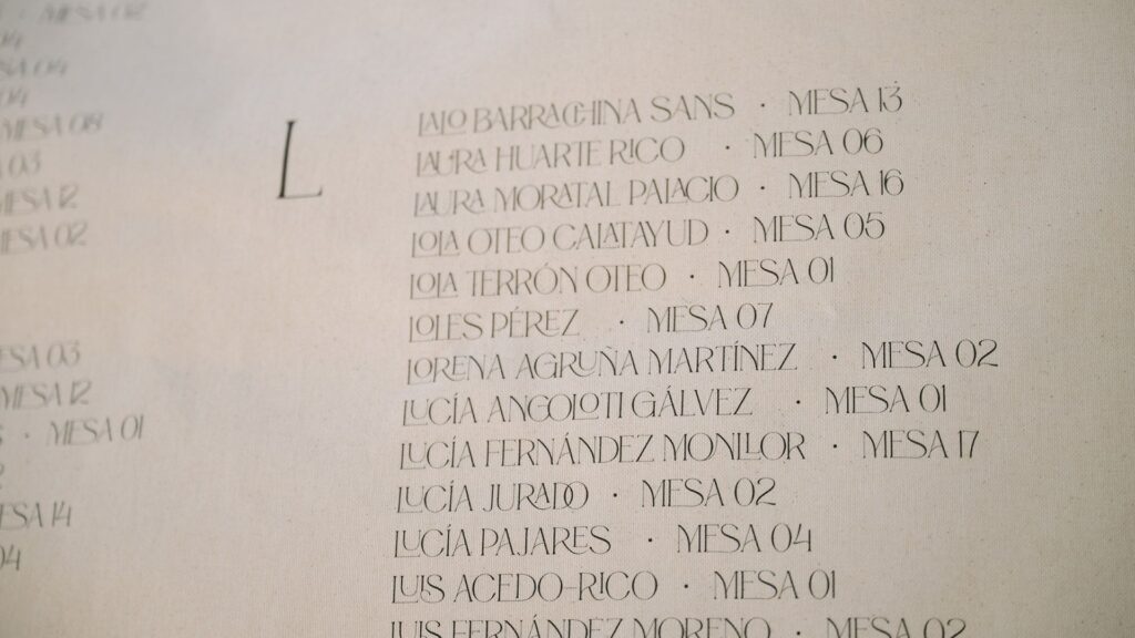 Texto de seating plan en tela personalizado para boda