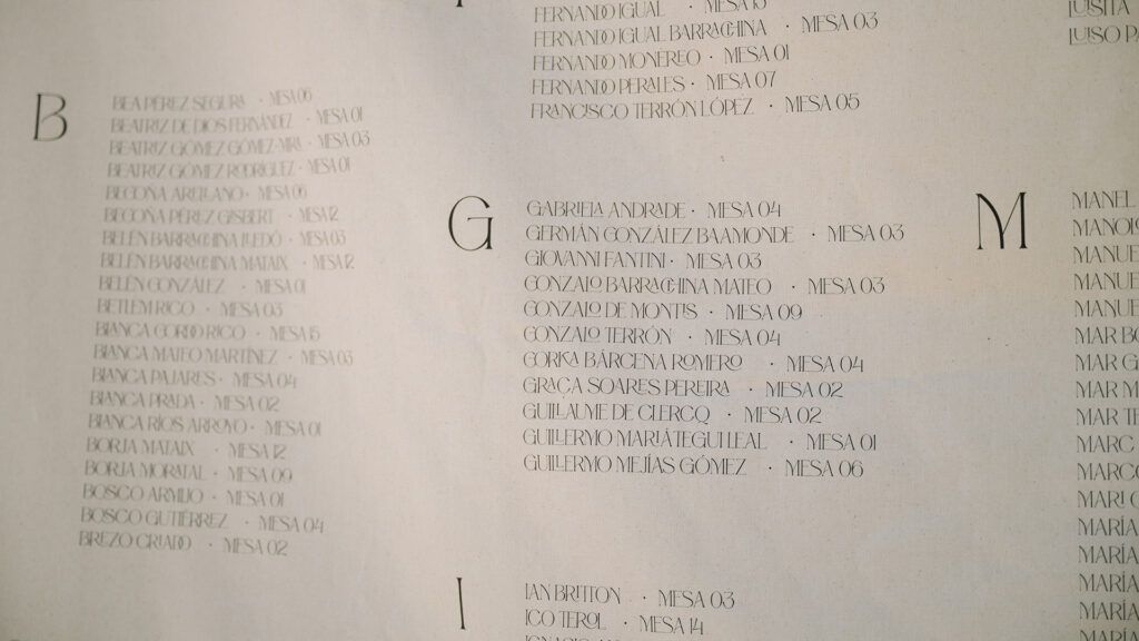 Texto de seating plan en tela personalizado para boda