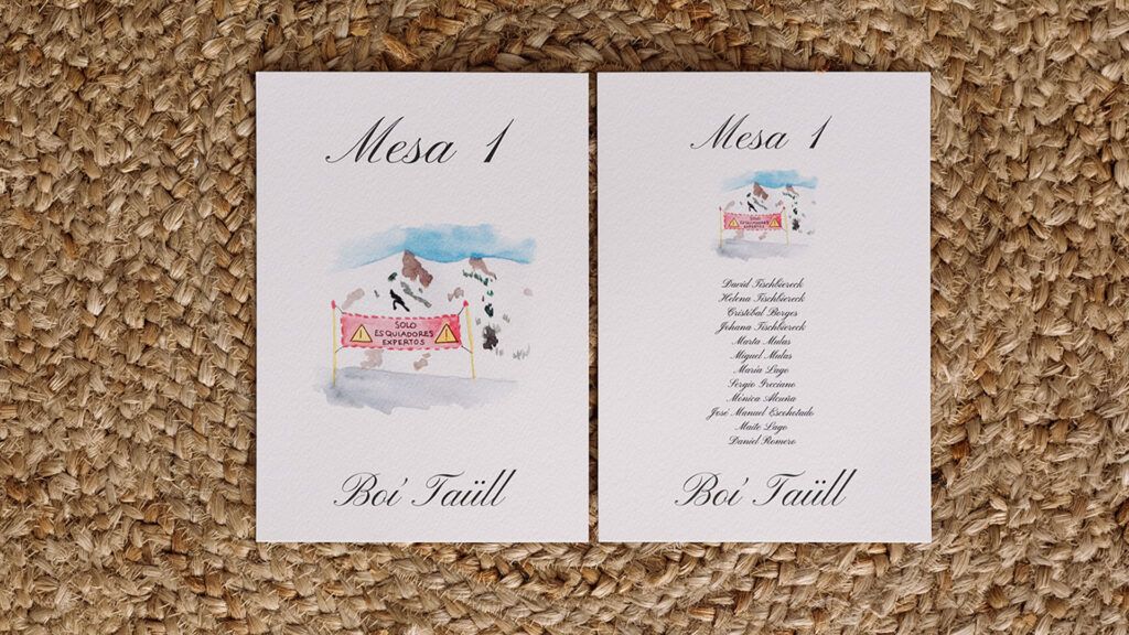 Seating plan de boda personalizado con temática de esquí