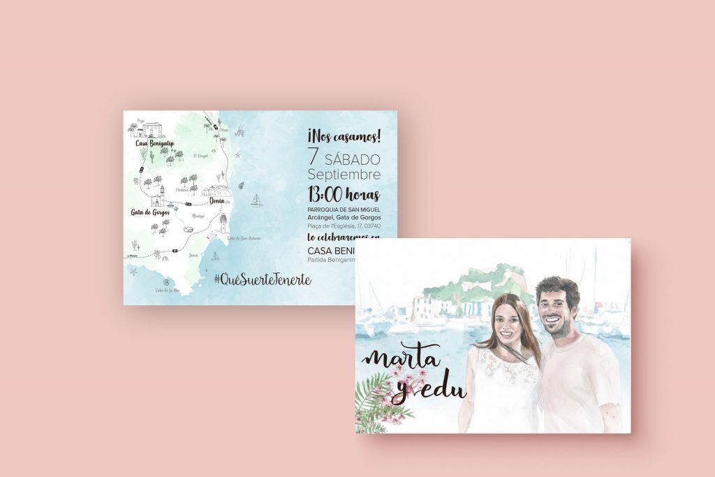 invitacion personalizada con acuarela de novios y mapa