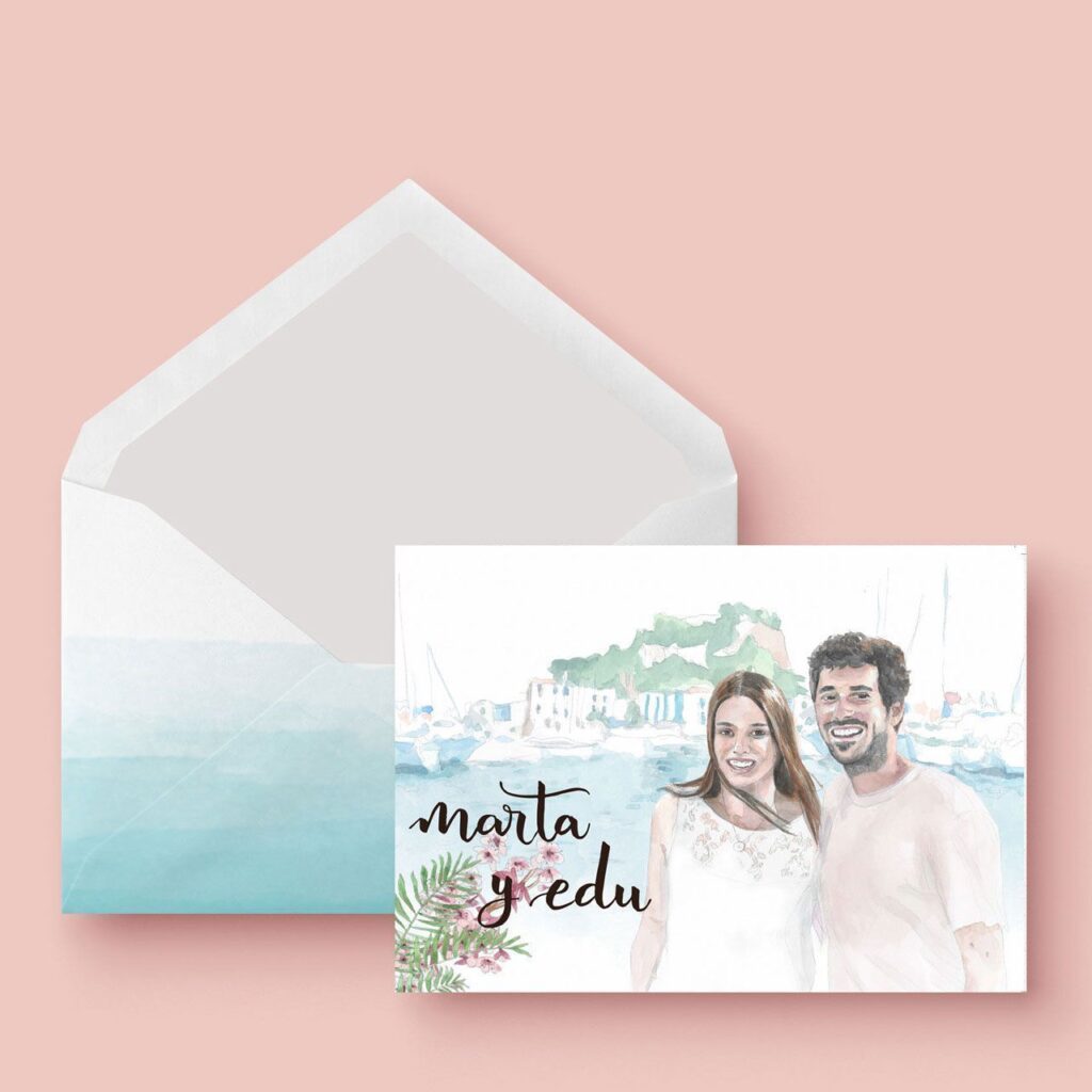 Invitación de boda retrato personalizada en acuarela
