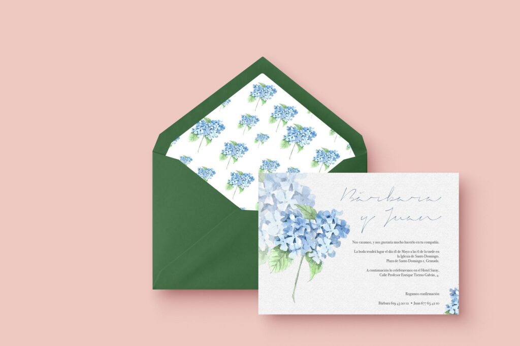 invitacion de boda acuarela hortensia azul