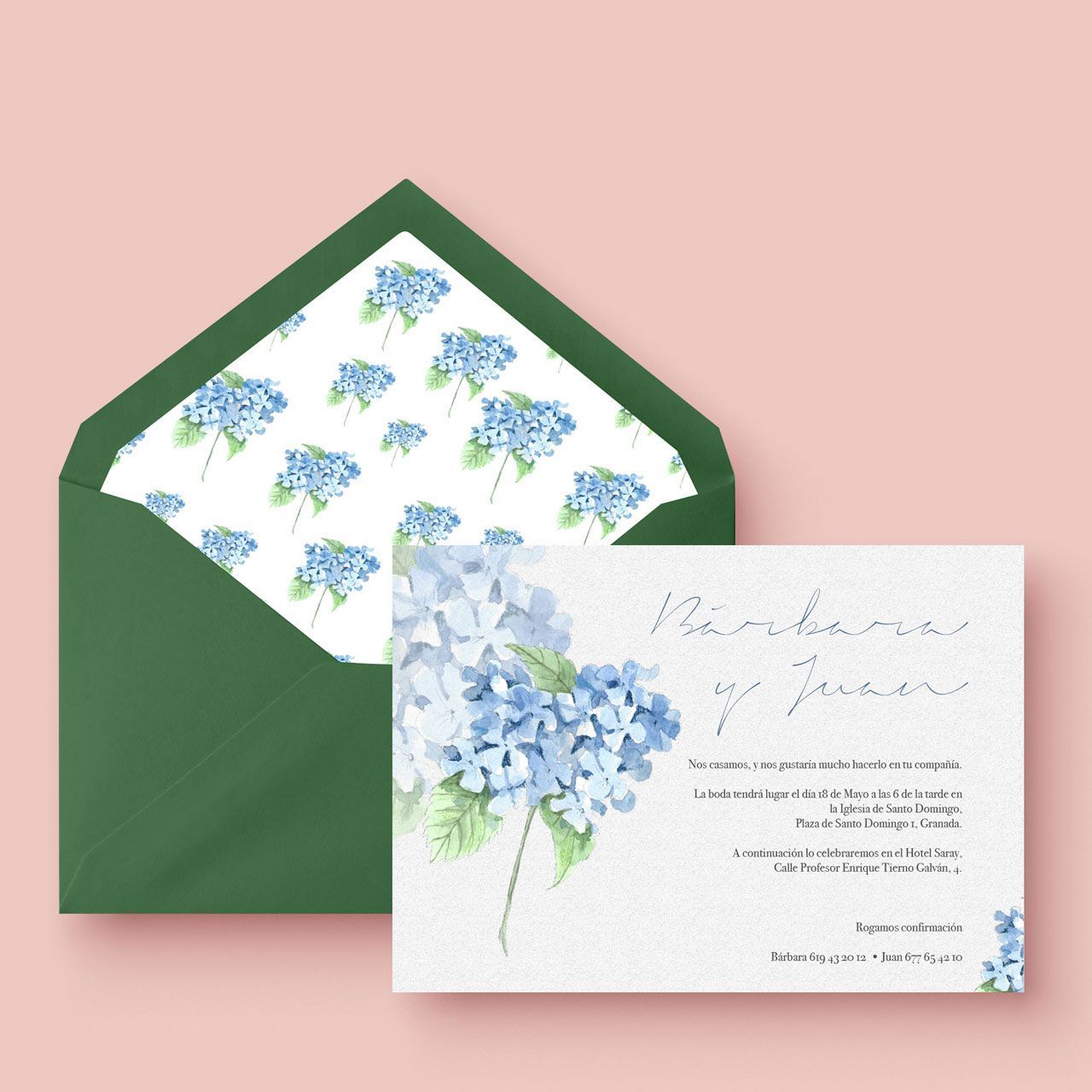 invitacion de boda acuarela hortensia azul