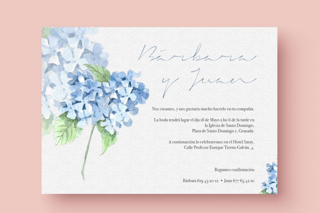 invitacion de boda acuarela hortensia azul