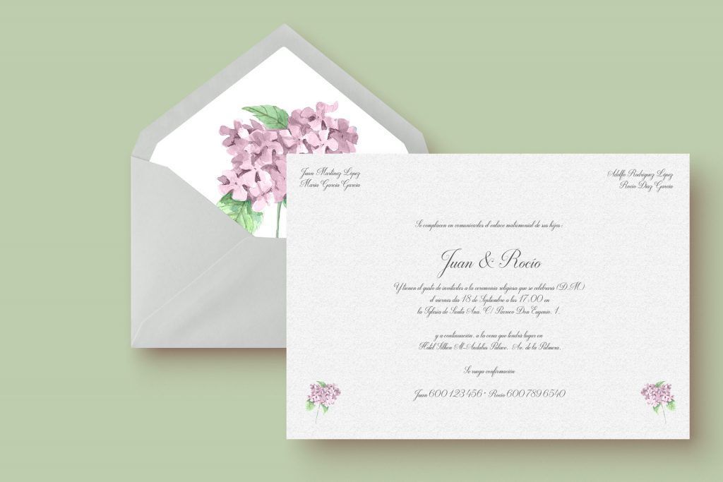 invitacion de boda acuarela hortensia rosa sobre forrado