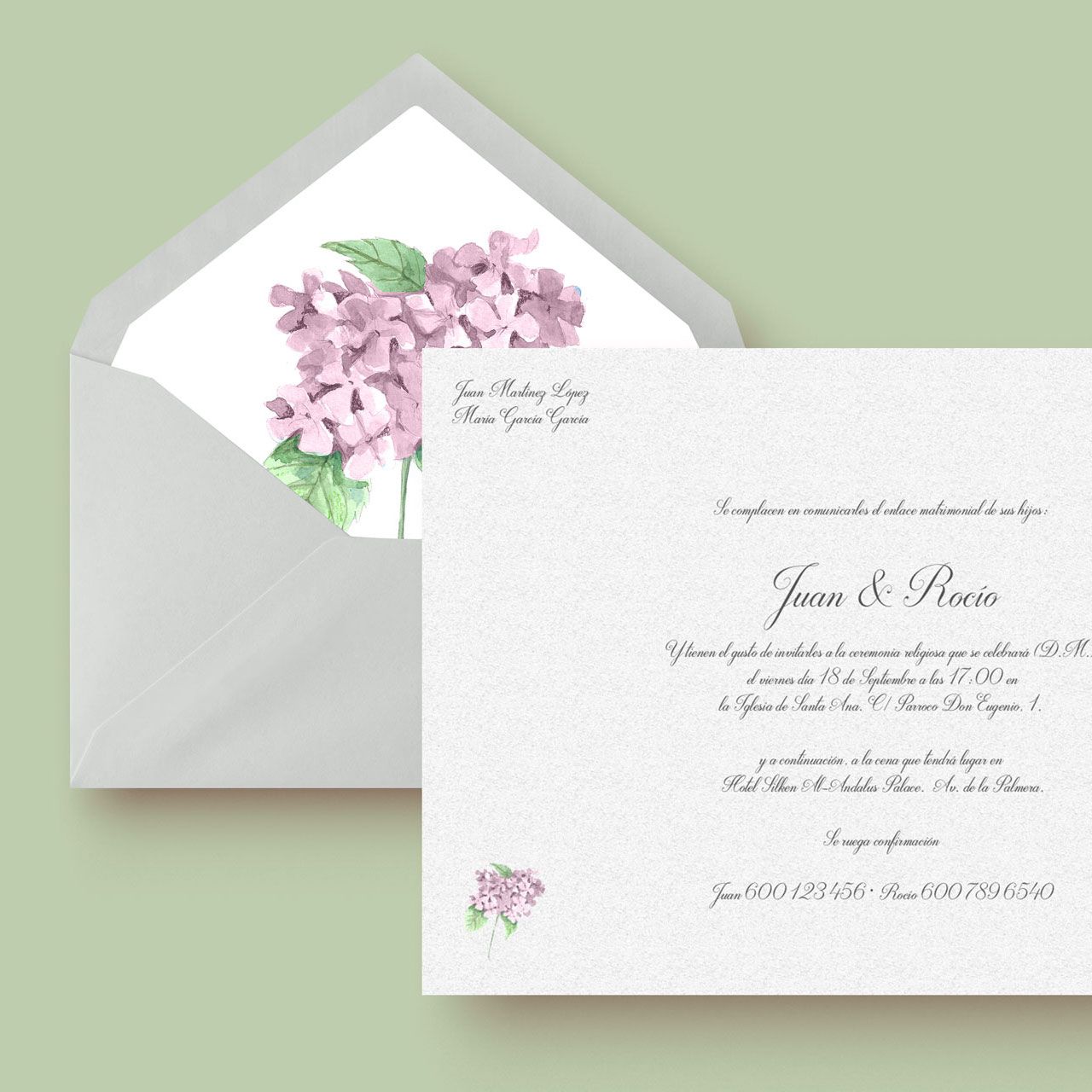 invitacion de boda acuarela hortensia rosa sobre forrado
