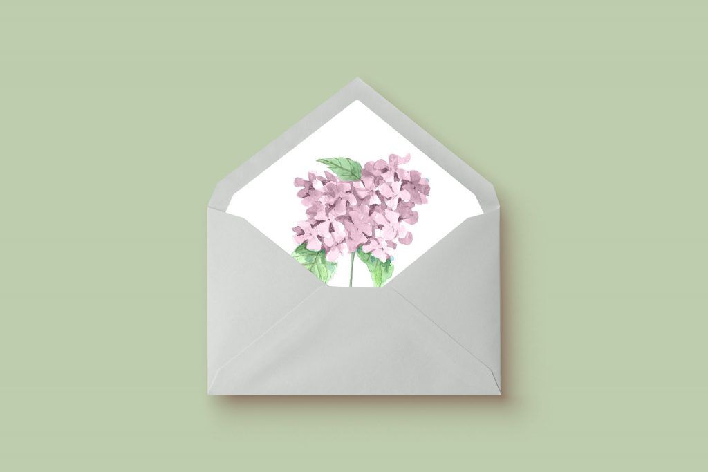 invitacion de boda acuarela hortensia rosa sobre forrado