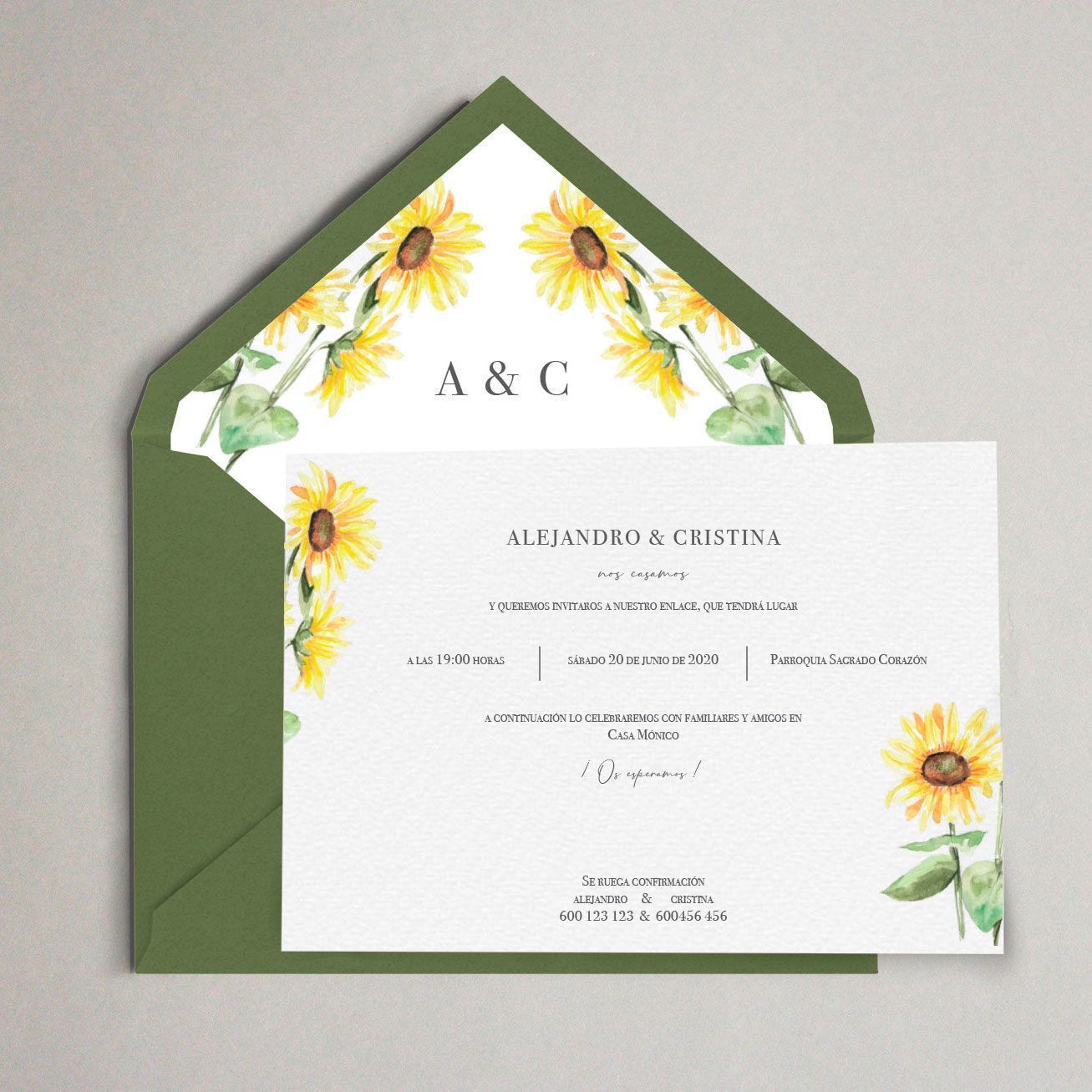 invitacion de boda artesanal con girasoles