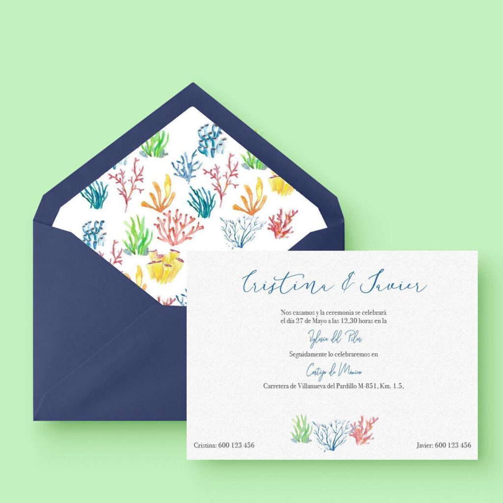 invitación de boda fondo marino elegante en acuarela
