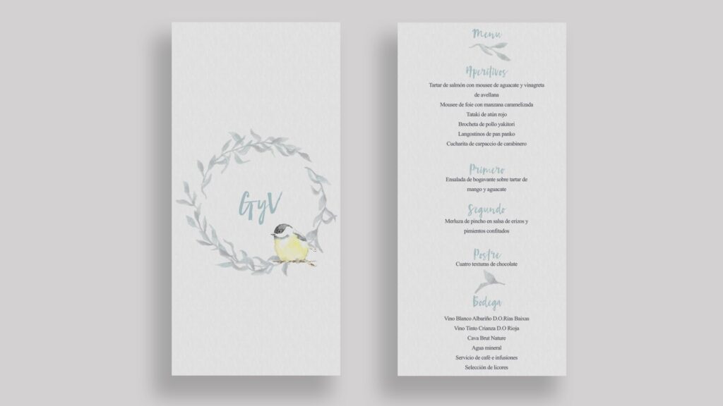 menu minuta sobre forrado pájaro amarillo hojas