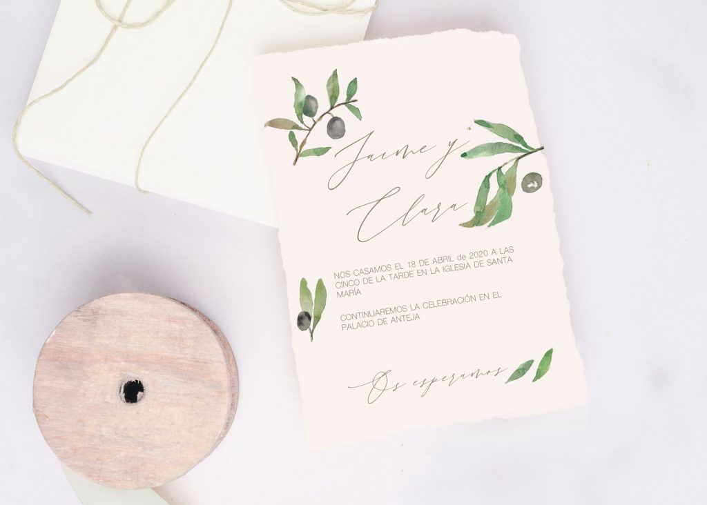 invitación de boda olivo con papel de algodon hecho a mano