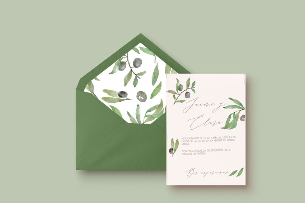 invitación de boda olivo con sobre forrado