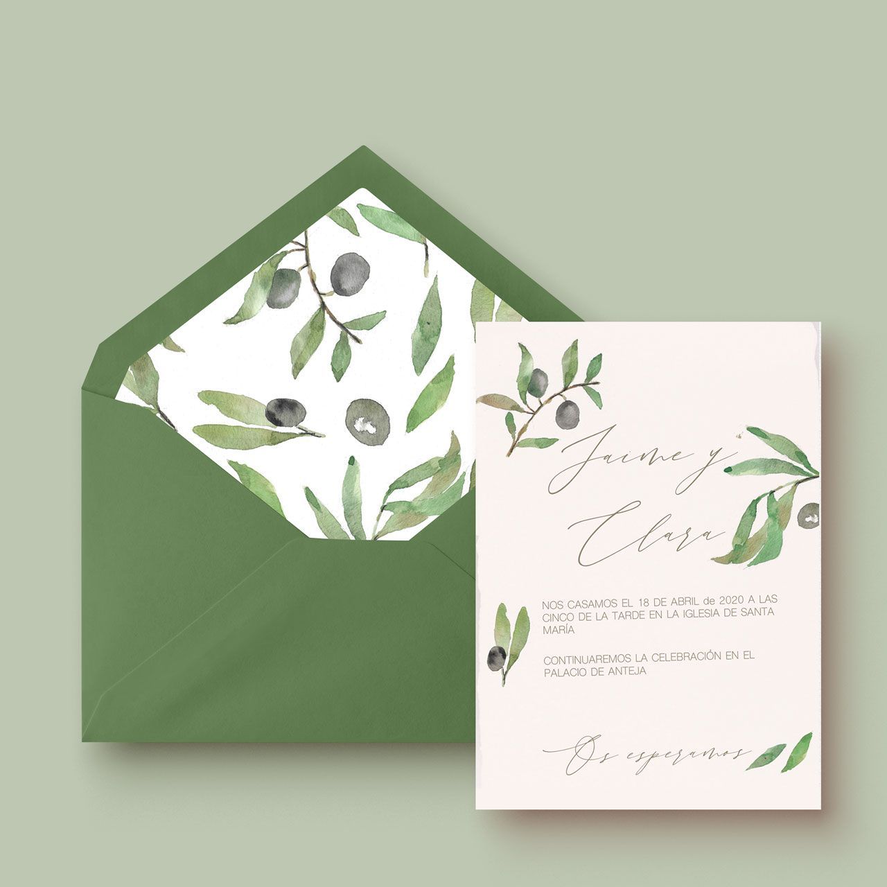 invitación de boda olivo con sobre forrado