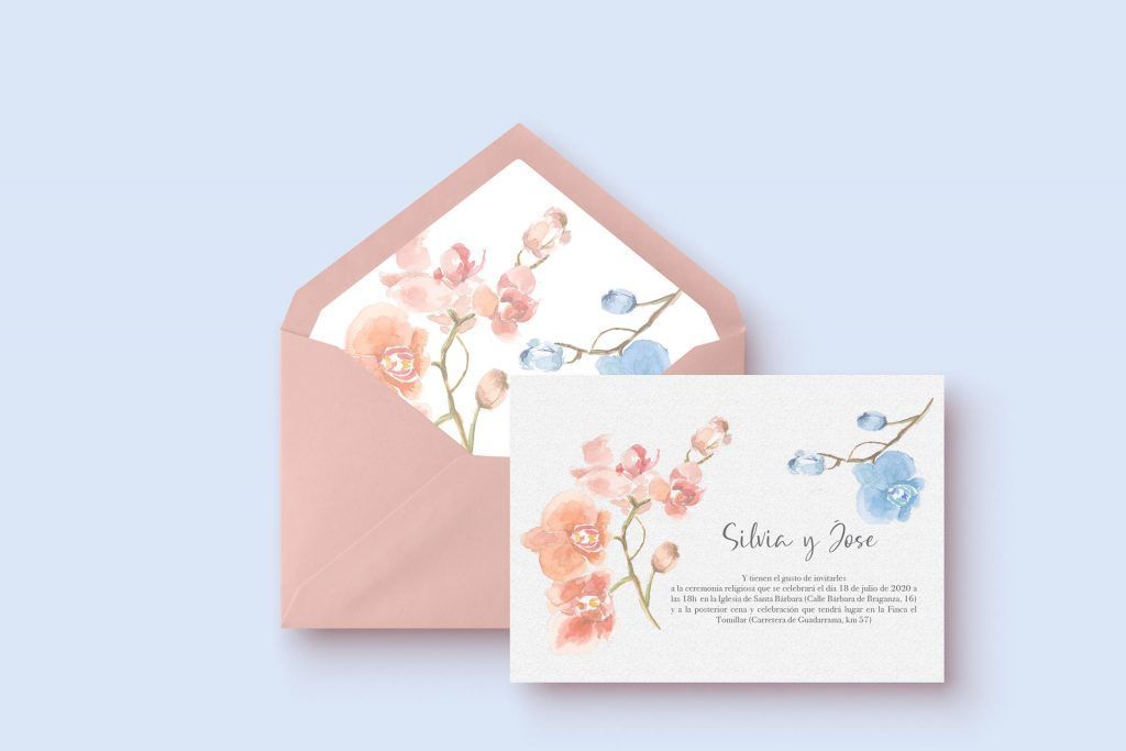 Invitacion de boda con acuarela de orquideas y sobre forrado a mano