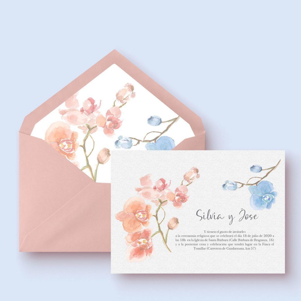 Invitacion de boda con acuarela de orquideas y sobre forrado a mano