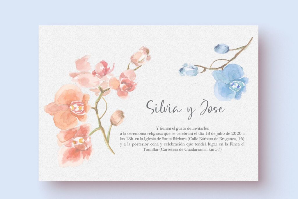 Invitacion de boda con acuarela de orquideas y sobre forrado a mano