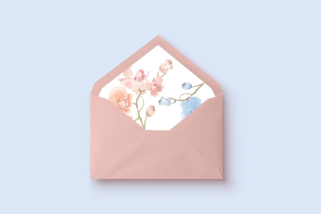 Invitacion de boda con acuarela de orquideas y sobre forrado a mano