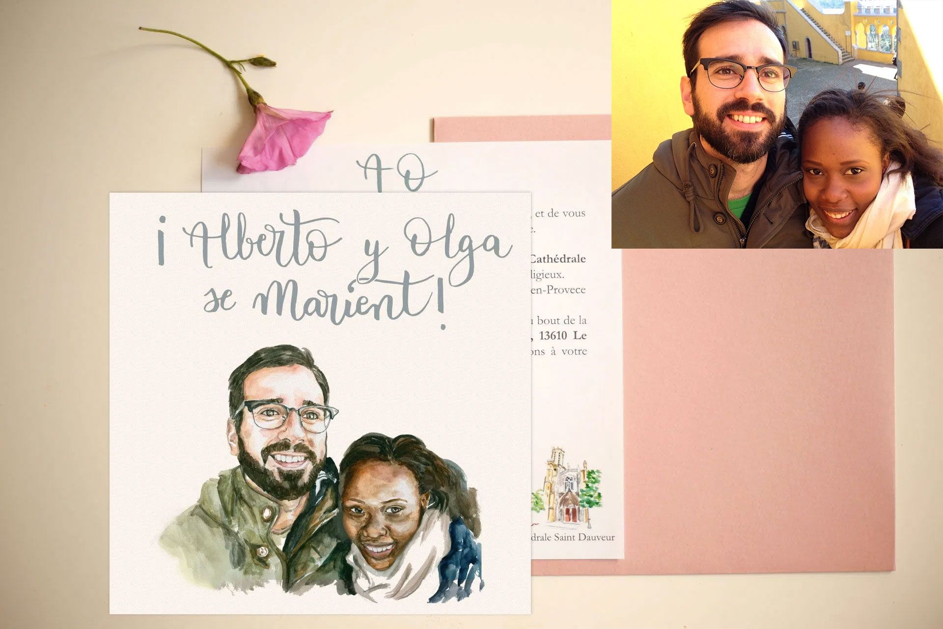 retrato en acuarela para invitaciones de boda